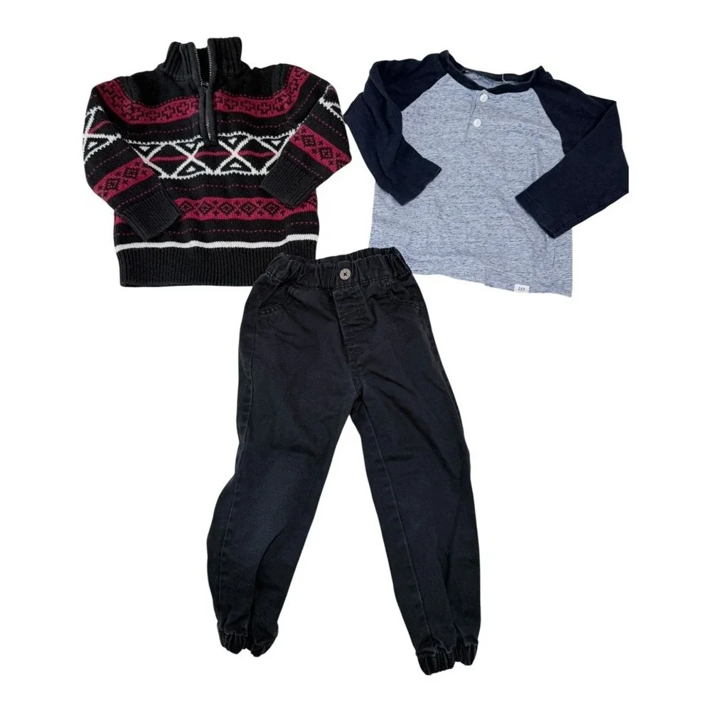 Chaps Sweater Gap Pants‎ Kids 3T Set Fair Isle Quarter Zip Joggers Raglan Black
